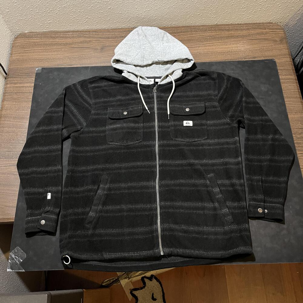 Quiksilver Jacket Mens 2XL Black Hooded Full Zip Fleece Lined Stripe Pockets XXL